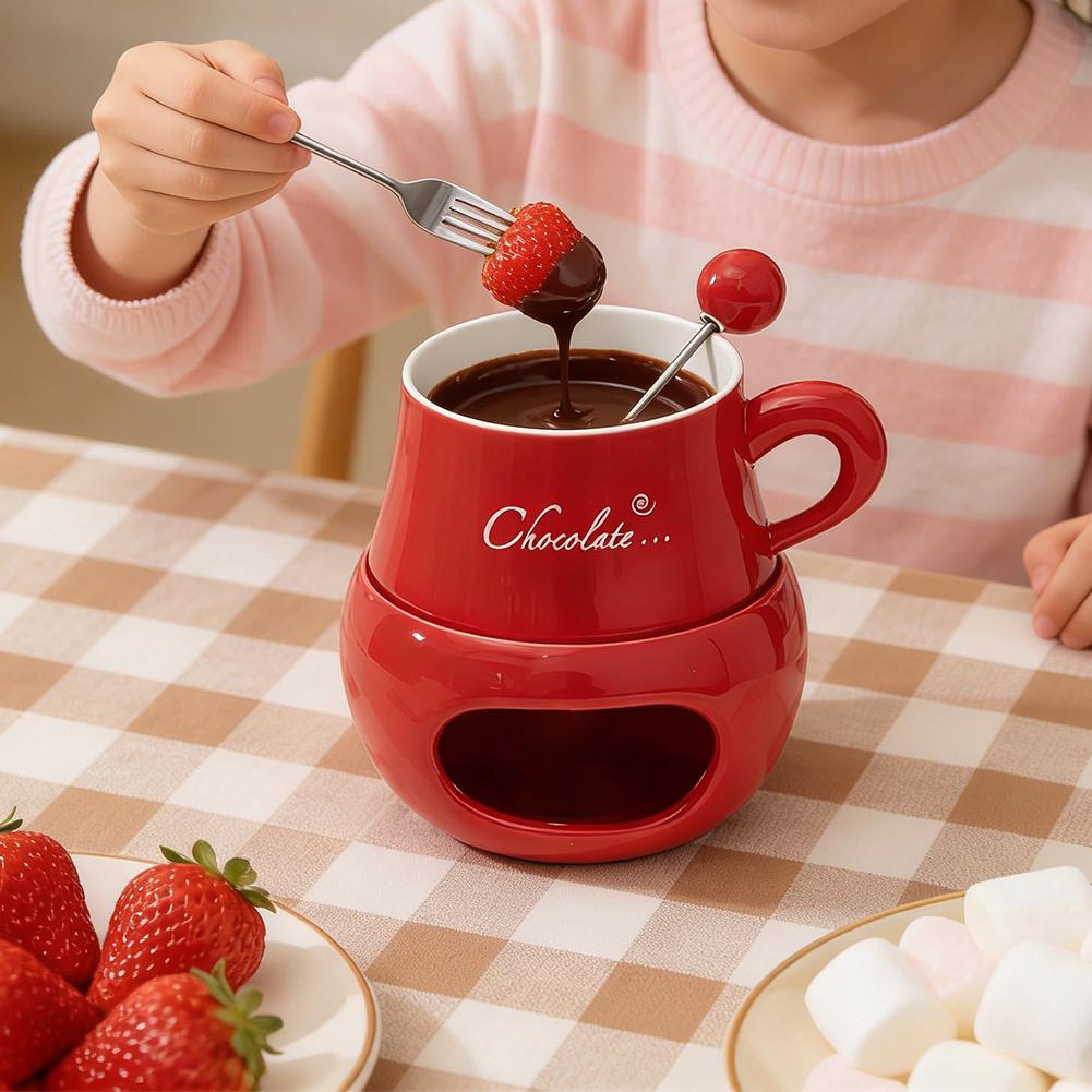 Fondue Pot Ceramic - Çikolata Fondü Kupası Seramik Çatalı Tealight