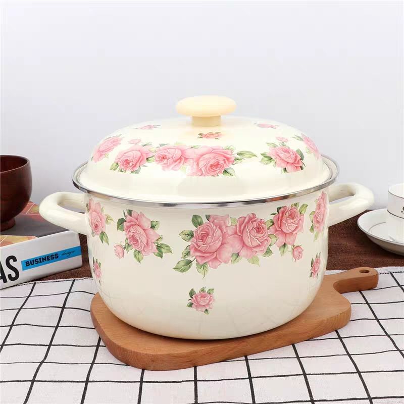 Fondue Pot Ceramic - Kalınlaşmış 16-24cm zarif pembe gül emaye